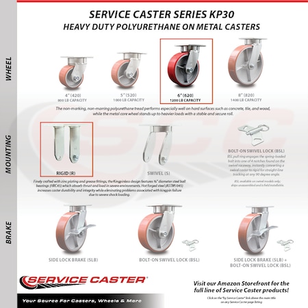 Service Caster 6 Inch Kingpinless Red Poly on Steel Wheel Caster Swivel Locks 2 Rigid, 2PK SCC-KP30S620-PUR-RS-BSL-2-R-2